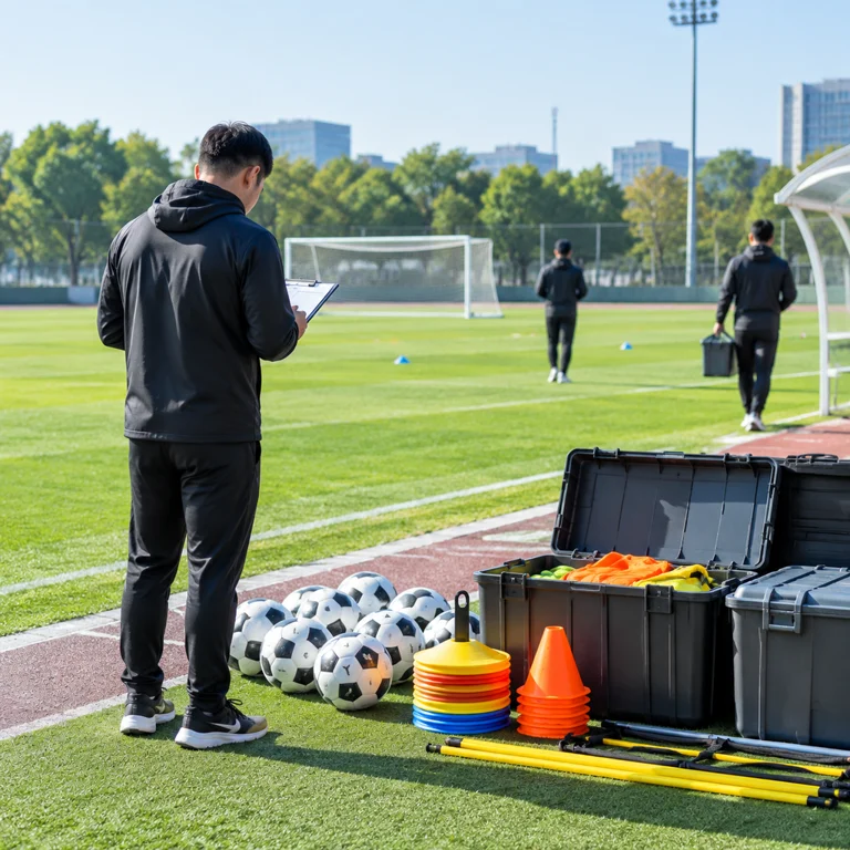 企业体育活动筹备中的场地与足球器材检查示意